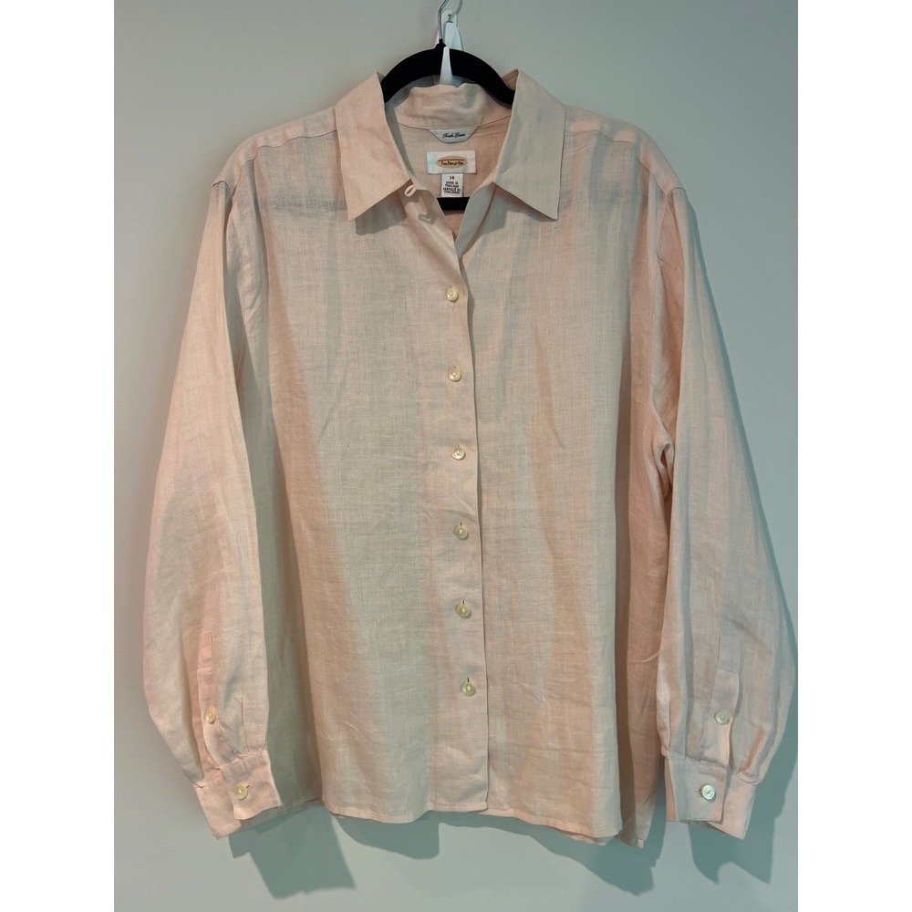 Talbots Irish Linen Button Down Shirt Peach Pink Long Sleeve Women's 14 Luxury